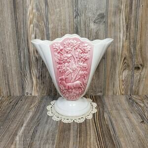 Vintage Hull Fan Vase #50, White Maroon Gazelle Deer, Scalloped Top